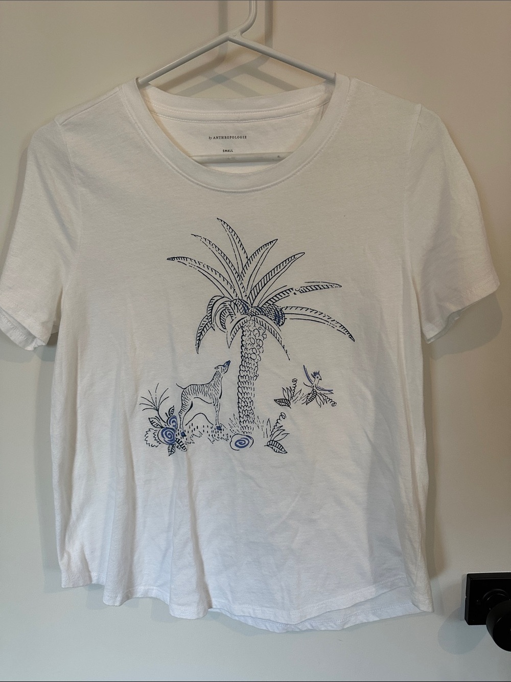 Anthropologie White Tee with Navy Palm Illustration